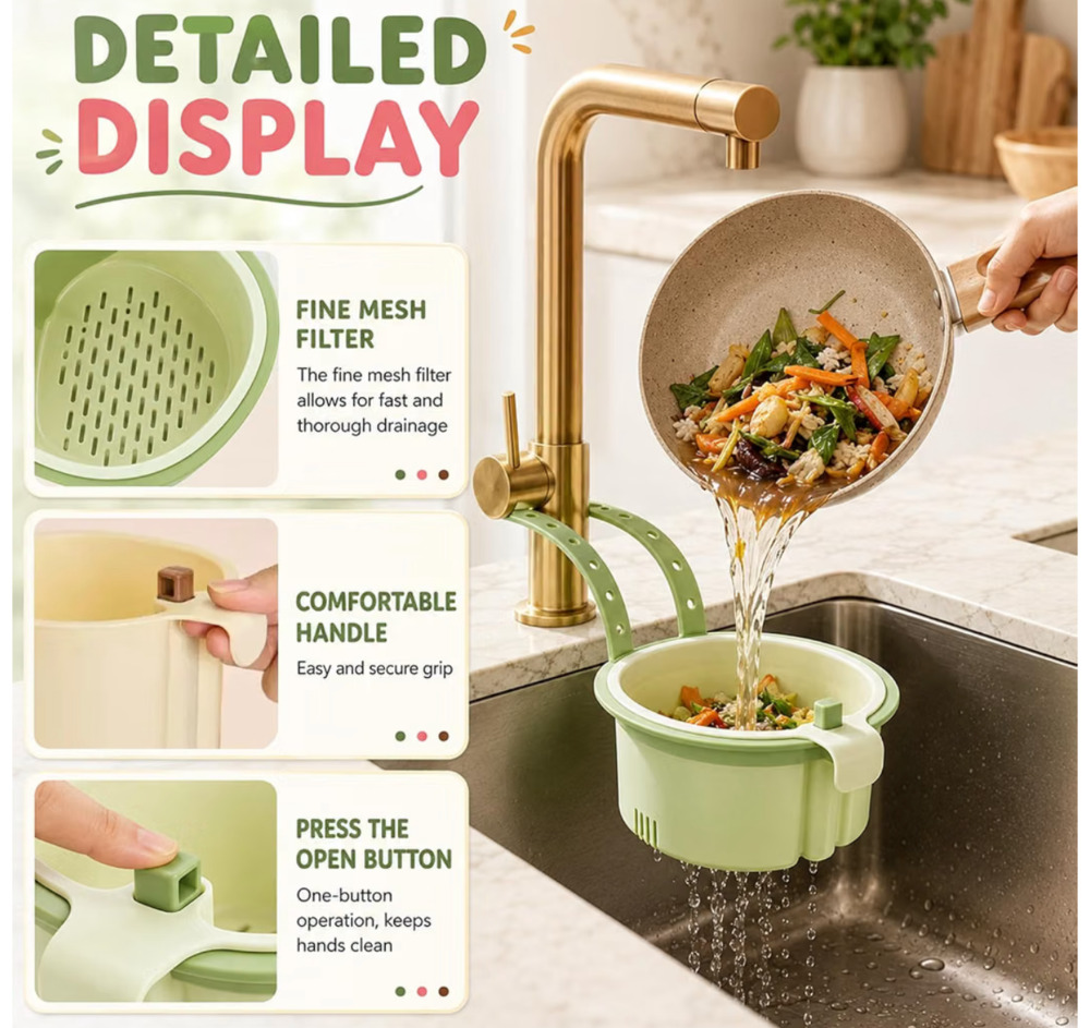 Hanging Sink Drain Basket for Kitchen, Multifunctional With Press-to-Dump Bottom